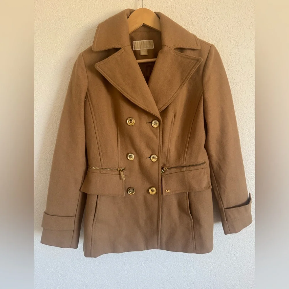 Michael Kors Camel Wool Blend Peacoat Gold Buttons Zip Pocket Coat XS